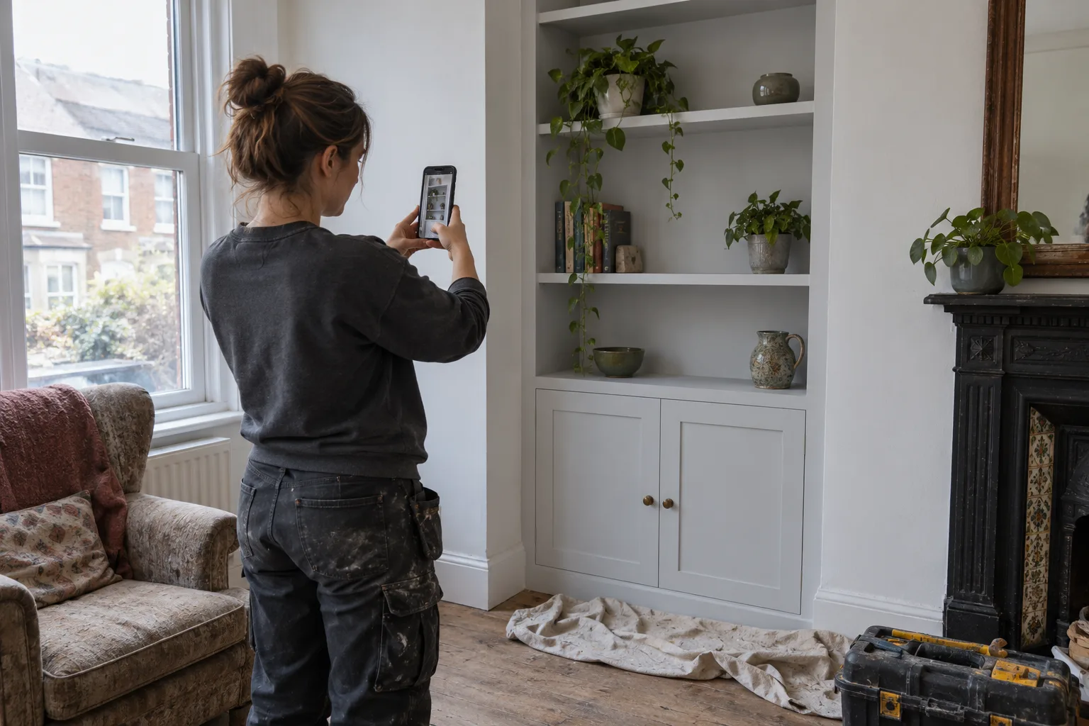 A carpenter photographing painted alcove shelving in a sitting room.