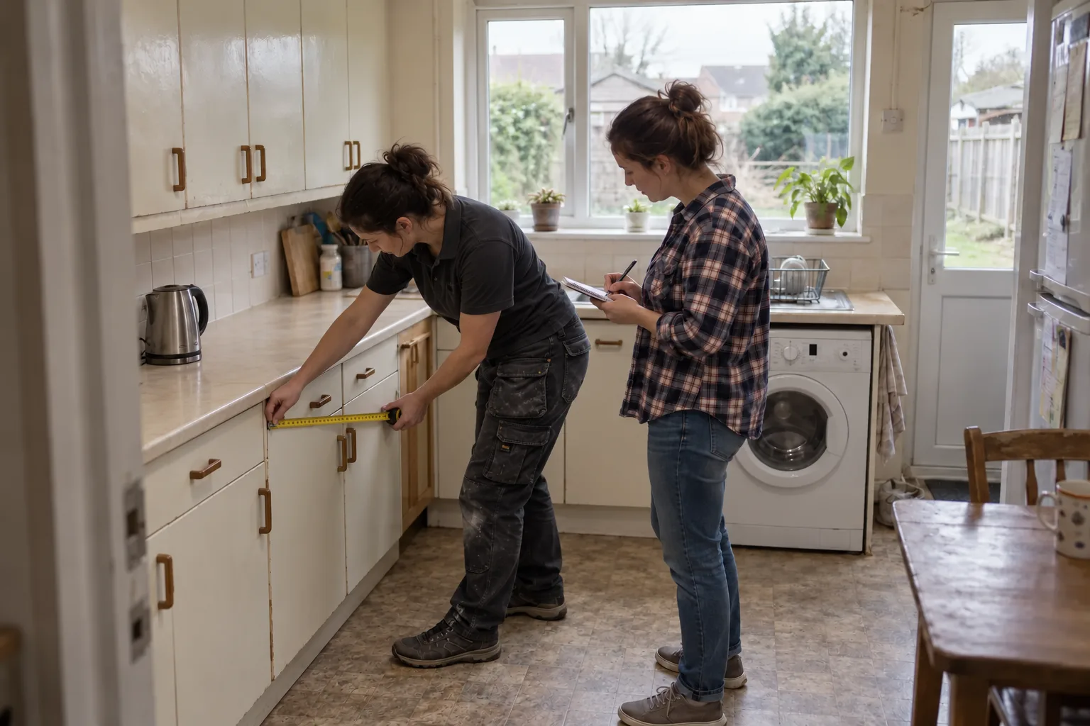 A woman kitchen fitter measuring a cupboard while a homeowner records the measurement.